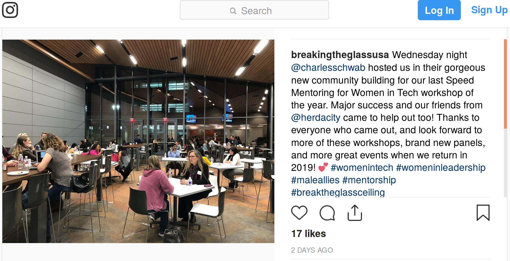 Breaking the Glass Instagram post showing a picture of the Charles Schwab Speed Networking for Women in Tech event on November 28, 2018