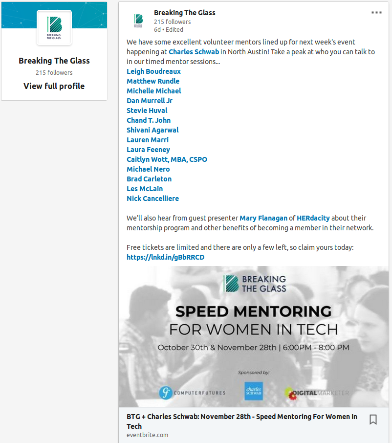 Breaking the Glass LinkedIn post listing mentors for Charles Schwab's Speed Networking for Women in Tech event on November 28, 2018