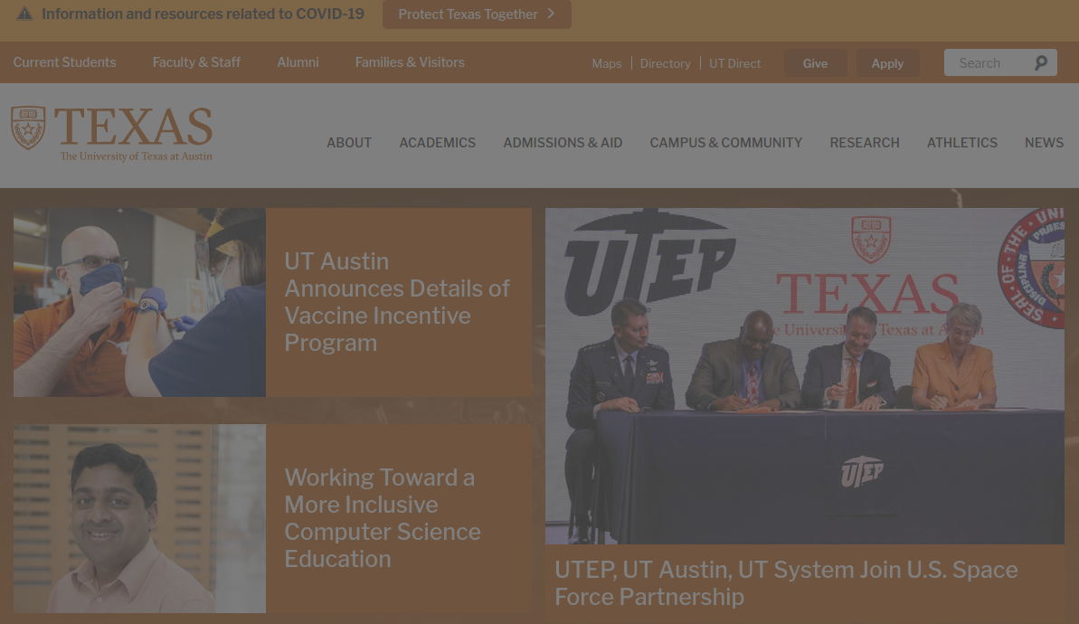 Image of UT-Austin homepage