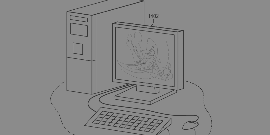 Sketch of a desktop computer, monitor, keyboard, mouse, and cables