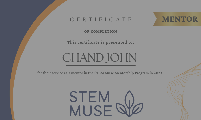 Certification of completion for STEM Muse mentorship